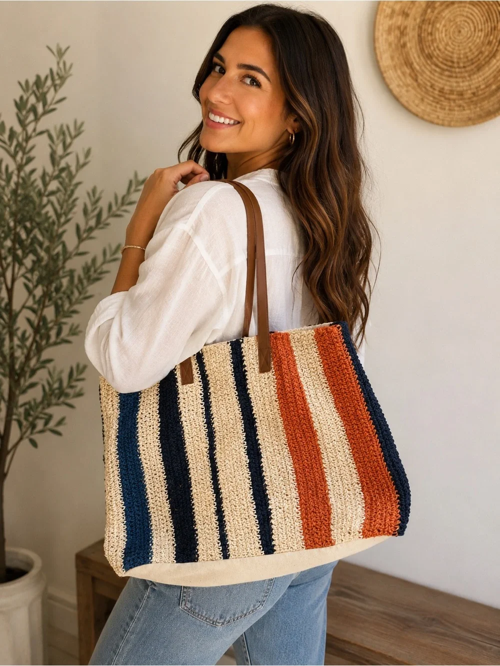Rays For Days Striped Woven Tote Bag | Beach Vacation Summer Carryall - Picture 1 of 8
